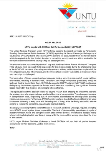 UNTU Stands with SCOPA’s Call for Accountability at PRASA.