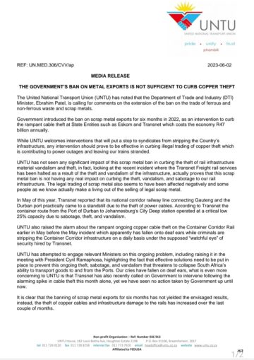 THE GOVERNMENT’S BAN ON SCRAP METAL EXPORTS IS NOT SUFFICIENT TO CURB COPPER THEFT