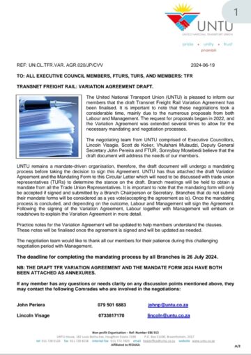 TRANSNET FREIGHT RAIL: VARIATION AGREEMENT DRAFT.