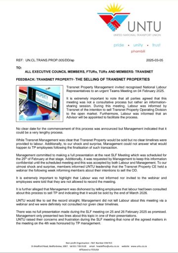 FEEDBACK: TRANSNET PROPERTY- THE SELLING OF TRANSNET PROPERTY