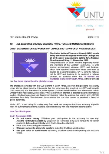UNTU: STATEMENT ON G20 WOMEN FOR CHANGE NATIONAL SHUTDOWN