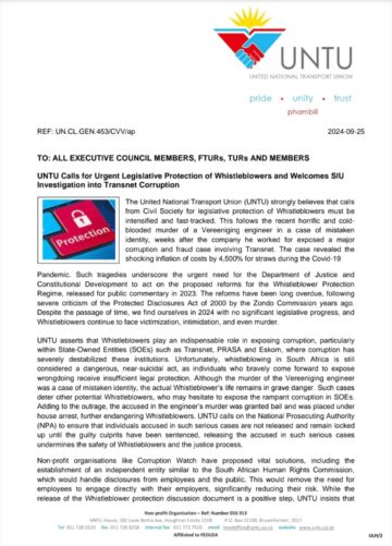 UNTU Calls For Urgent Legislative Protection Of Whistleblowers And Welcomes SIU Investigation Into Transnet Corruption.