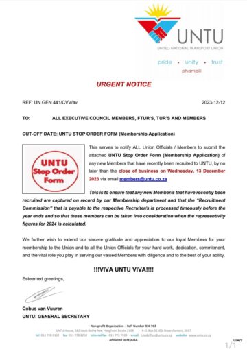 CLOSURE OF UNTU OFFICES DURING THE 2023 FESTIVE SEASON: HEAD OFFICE & PROVINCIAL OFFICES (Cape Town & Durban).