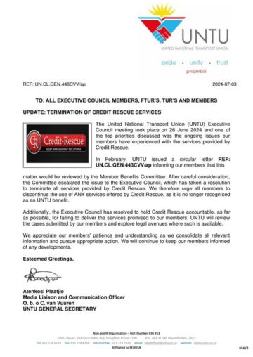 UPDATE : TERMINATION OF CREDIT RESCUE SERVICES.