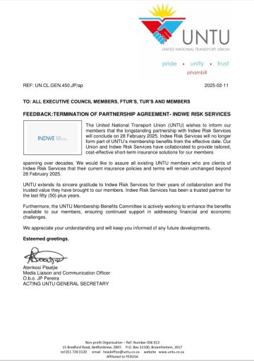 FEEDBACK:TERMINATION OF PARTNERSHIP AGREEMENT- INDWE RISK SERVICES