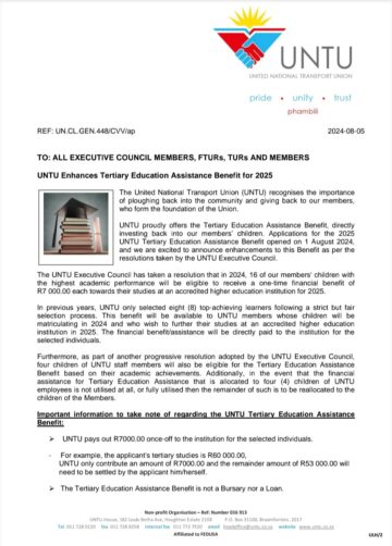 UNTU Enhances Tertiary Education Assistance Benefit for 2025