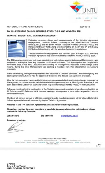 TRANSNET FREIGHT RAIL(TFR): VARIATION AGREEMENT.