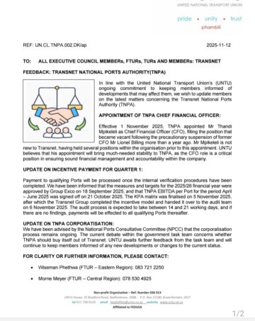 FEEDBACK: TRANSNET NATIONAL PORTS AUTHORITY(TNPA)