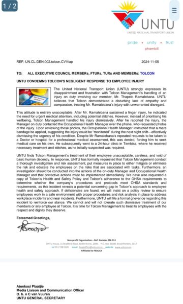 UNTU CONDEMNS TOLCONS NEGLIGENT RESPONSE TO EMPLOYEE INJURY