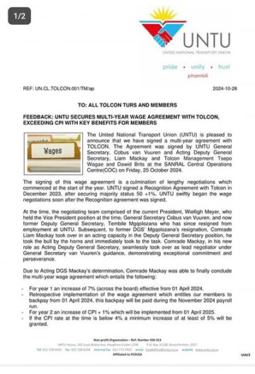 FEEDBACK: UNTU SECURES MULTI-YEAR AGREEMENT WITH TOLCON, EXCEEDING CPI WITH KEY BENEFITS FOR MEMBERS