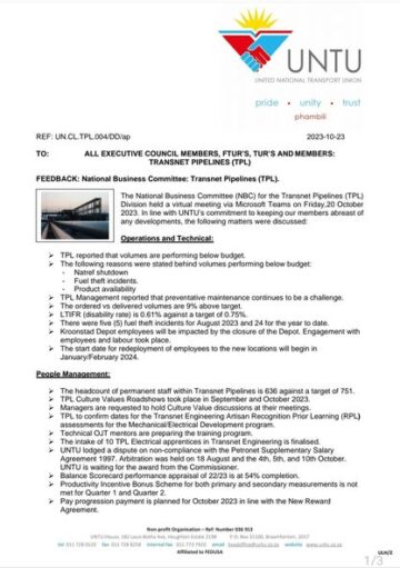 FEEDBACK:NATIONAL BUSINESS COMMITTEE TRANSNET PIPELINES(TPL)