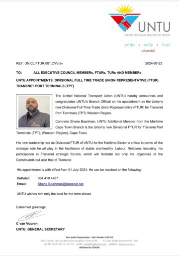 UNTU APPOINTMENTS : DIVISIONAL FULL TIME TRADE UNION REPRESENTATIVE( FTUR)- TRANSNET PORT TERMINALS.