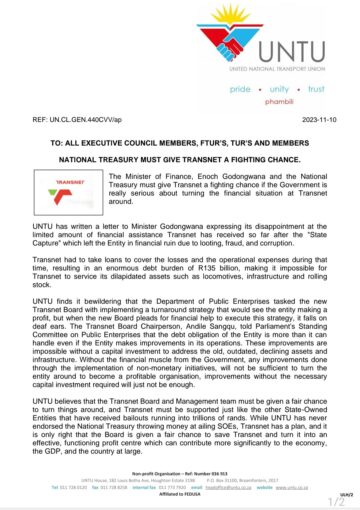 NATIONAL TREASURY MUST GIVE TRANSNET A FIGHTING CHANCE.