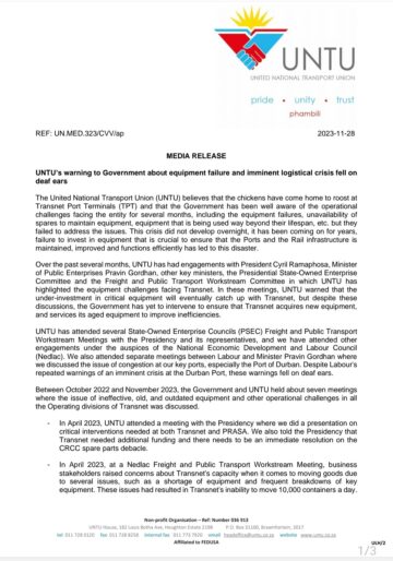 MEDIA RELEASE: UNTU’s warning to Government about equipment failure and an imminent logistical crisis fell on deaf ears