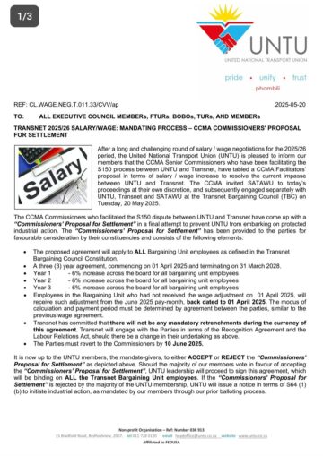 TRANSNET SALARY/WAGE: MANDATING PROCESS CCMA COMMISSIONERS’ PROPOSAL FOR SETTLEMENT