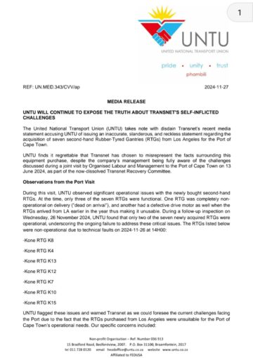 [MEDIA STATEMENT] UNTU WILL CONTINUE TO EXPOSE Transnet SOC Ltd SELF-INFLICTED CHALLENGES