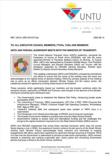 UNTU AND FEDUSA LEADERSHIP MEETS WITH THE MINISTER OF TRANSPORT.