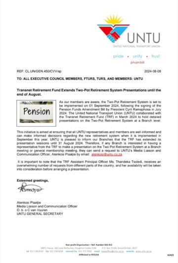 Transnet Retirement Fund Extends Two-Pot Retirement System Presentations until the end of August.