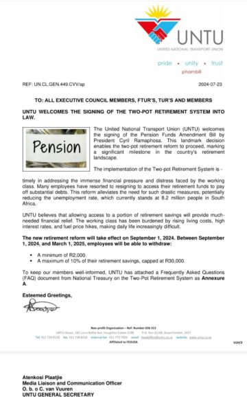 UNTU WELCOMES THE SIGNING OF THE TWO-POT RETIREMENT SYSTEM INTO  LAW.
