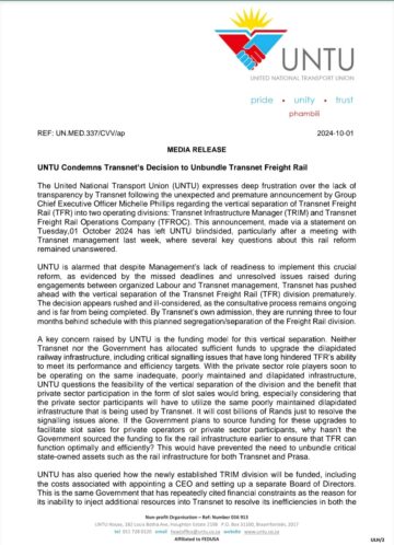 MEDIA RELEASE] UNTU CONDEMNS TRANSNET’S DECISION TO UNBUNDLE TRANSNET FREIGHT RAIL.