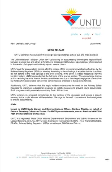 UNTU Demands Accountability Following Fatal Mpumalanga School Bus and Train Collision.