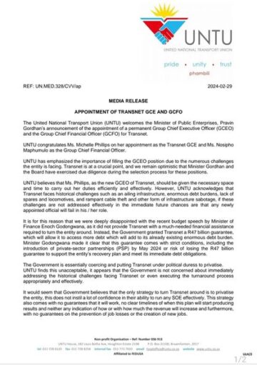 [MEDIA STATEMENT] APPOINTMENT OF TRANSNET GCEO AND GCFO.