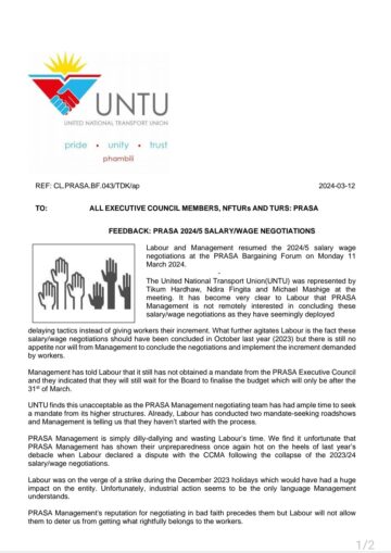 FEEDBACK: PRASA 2024/5 SALARY/WAGE NEGOTIATIONS.