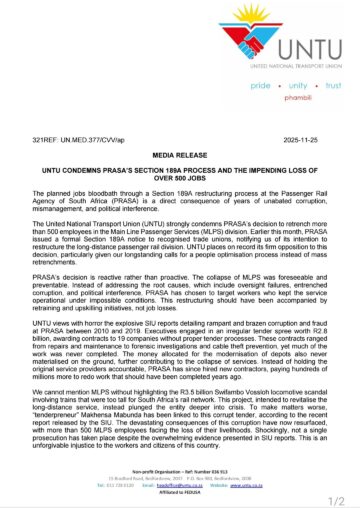 [MEDIA RELEASE] UNTU CONDEMNS PRASA’s S189 PROCESS AND THE IMPENDING LOSS OF OVER 500 JOBS