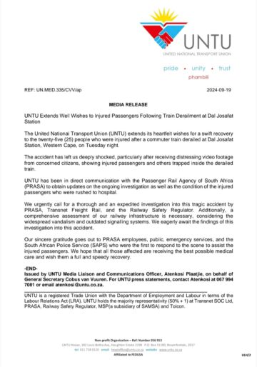 [MEDIA RELEASE] UNTU Extends Well Wishes To Injured Passengers Following Train Derailment at Dal Josafat Station.