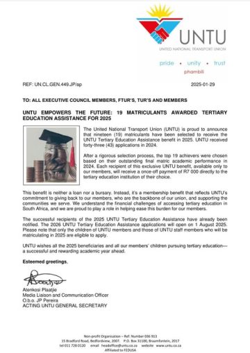 UNTU EMPOWERS THE FUTURE: 19 MATRICULANTS AWARDED TERTIARY ASSISTANCE FOR 2025