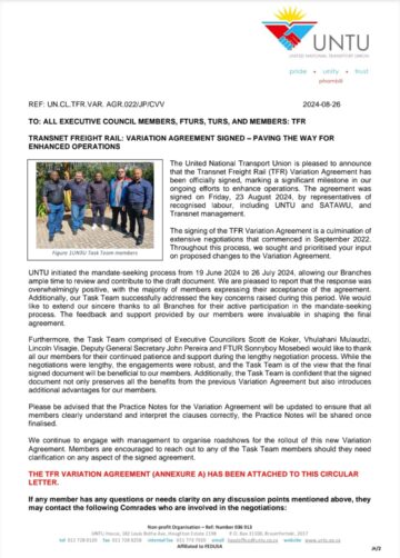 TRANSNET FREIGHT RAIL: VARIATION AGREEMENT SIGNED – PAVING THE WAY FOR  ENHANCED OPERATIONS