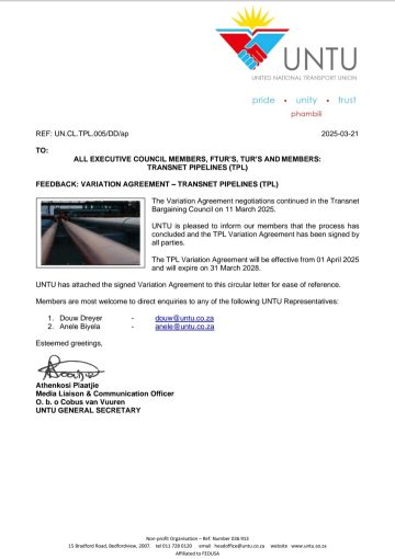 FEEDBACK- VARIATION AGREEMENT: TRANSNET PIPELINES