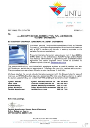 EXTENSION OF VARIATION AGREEMENT : TRANSNET ENGINEERING.