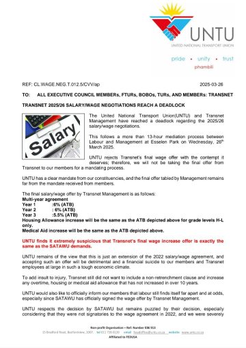 TRANSNET 2025/26 SALARY/WAGE NEGOTIATIONS REACH A DEADLOCK