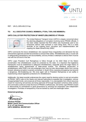 UNTU CALLS FOR THE PROTECTION OF WHISTLEBLOWERS AT PRASA